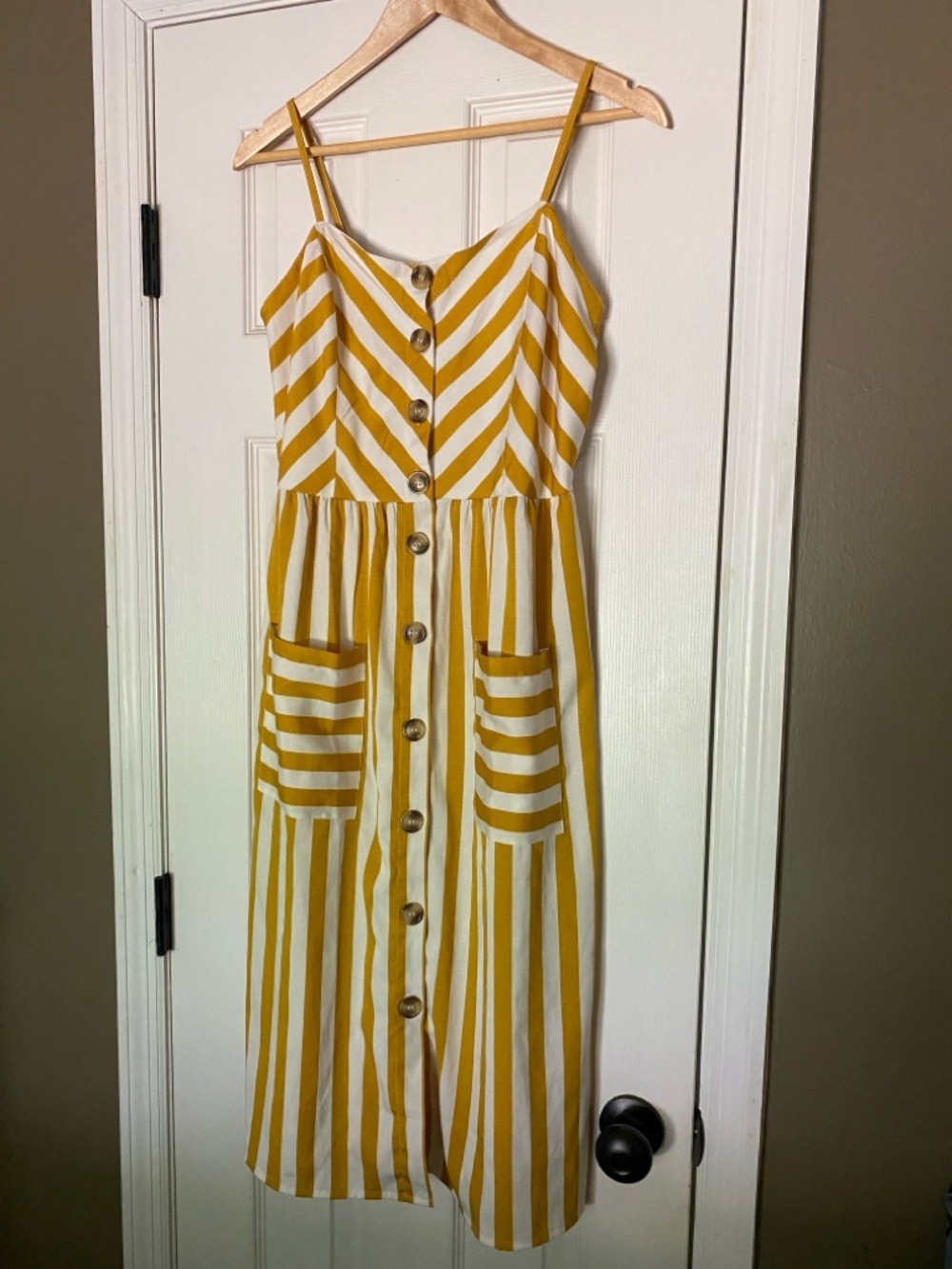 Yellow & White Striped Button-Front Summer Midi Dress